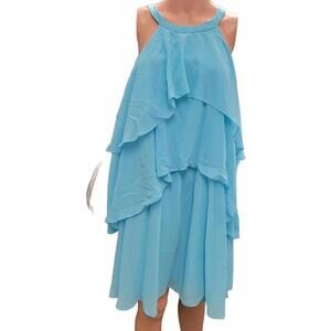 DRESSTELLS Women's A-Line Halter Ruffle Tiered Light Blue Fashion Dress Size L